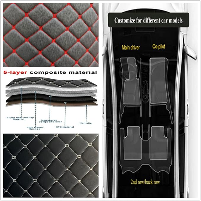 Custom Personalized Floor Mats for Cars - Luxury Full Coverage All Weather Mats, Anti-Slip Leather Mat Set, Fit for 99% of Cars, SUVs & Trucks (Red Mat Beige Line, A-Diamond)