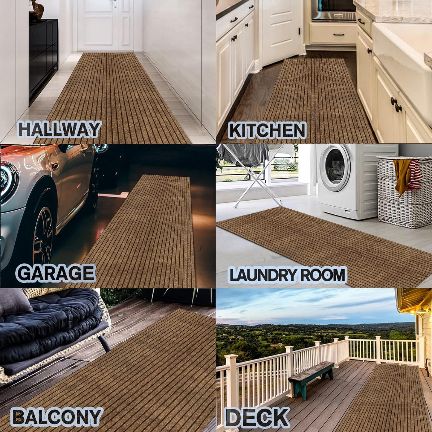 Custom Size Backed Non-Slip Area Rugs Runner, Easy Clean, Waterproof Runner Rugs for Hallway Entryway, Kitchen, Laundry, 3FT x 70FT, Brown Stripe