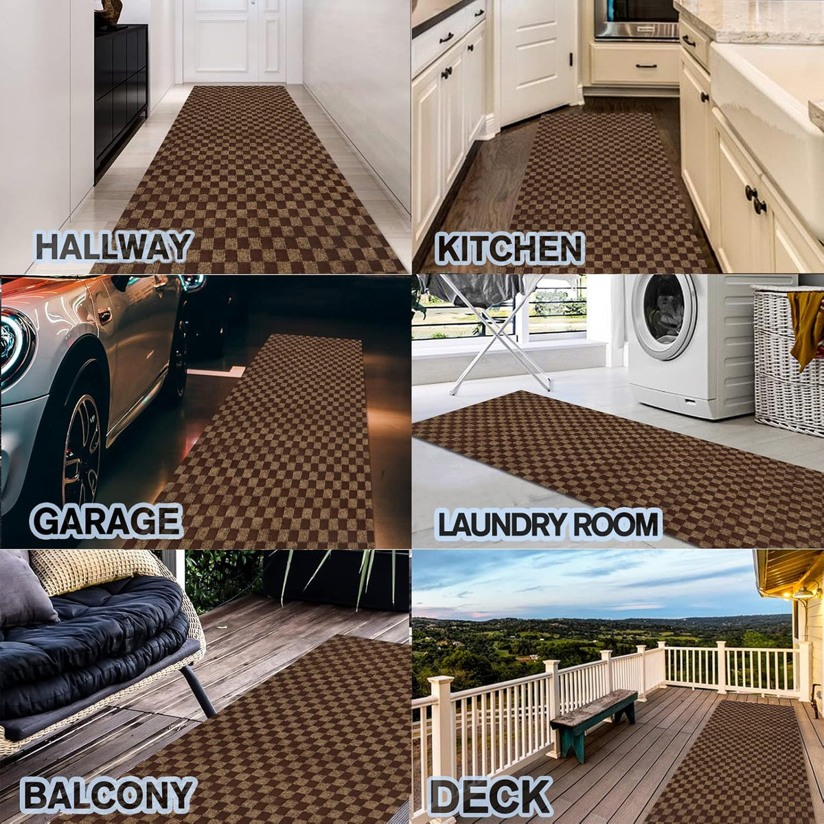 Custom Size Backed Non-Slip Area Rugs Runner, Easy Clean, Waterproof Runner Rugs for Hallway Entryway, Kitchen, Laundry, 3FT x 38FT, Brown Checkered