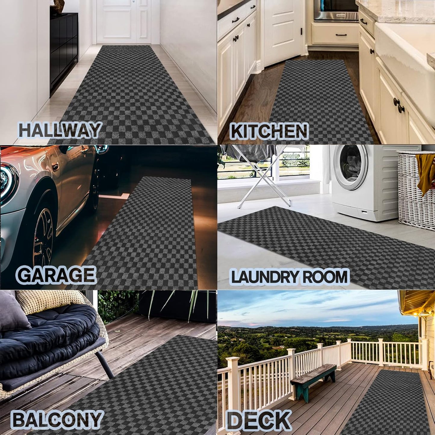 Custom Size Backed Non-Slip Area Rugs Runner, Easy Clean, Waterproof Runner Rugs for Hallway Entryway, Kitchen, Laundry, 2FT x 45FT, Gray Checkered