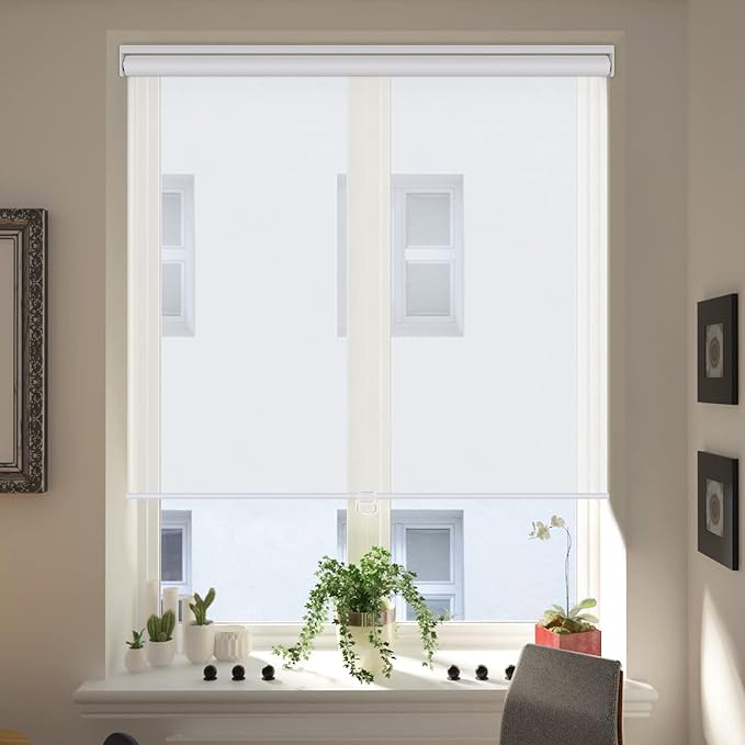 LUCKUP Light Filtering Roller Shades for Windows, Cordless Semi Sheer Solar Blinds with 5% Openness Free-Stop Window Shades for Home & Office, White 42" W x 72" L
