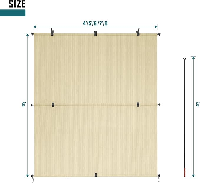 Bynbbur 8'W x 13'H Outdoor Patio Shades Foldable Roller Blinds, 220 GSM Sun Shade Roll Up Porch Screens Exterior Shade Cloth for Deck Pergola Backyard, Beige
