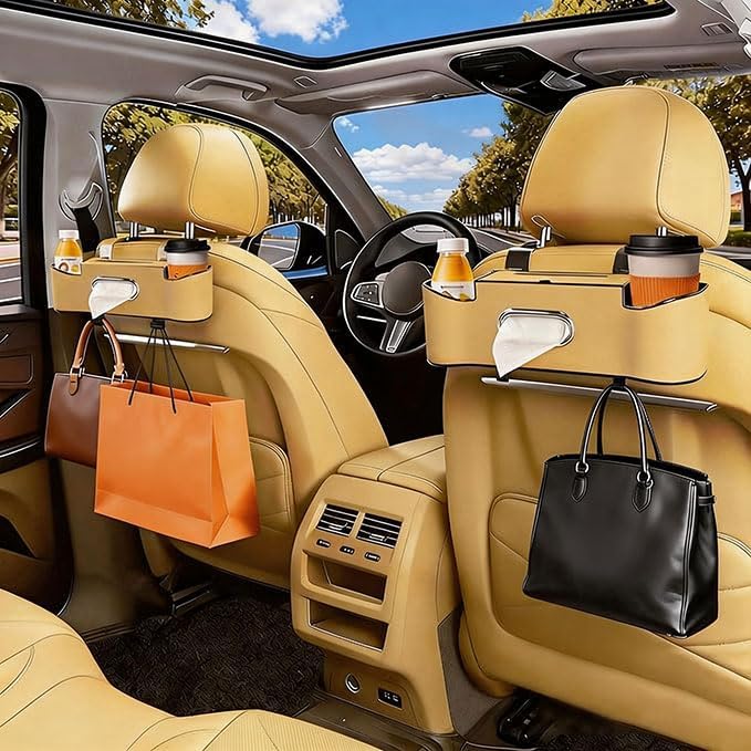 Car Backseat Organizer for Kids & Travelers - 4 in 1 Multifunctional Car Seat Back Storage with Cup Holder, Tissue Box, Snack/Handbag Holder - Nappa Leather Universal Fit for SUV/Van/Sedan (Beige)