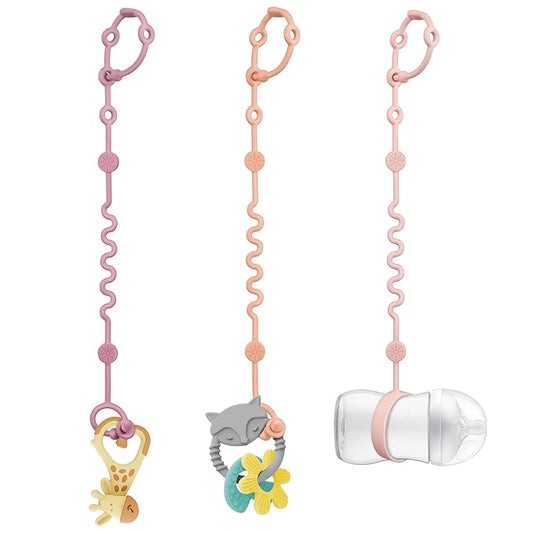 LittleHugs 3pcs Adjustable Toy Strap Holder - Silicone Baby Tether Pacifier Clip - Travel Essential Leash for Stroller, High Chair, Car Seat