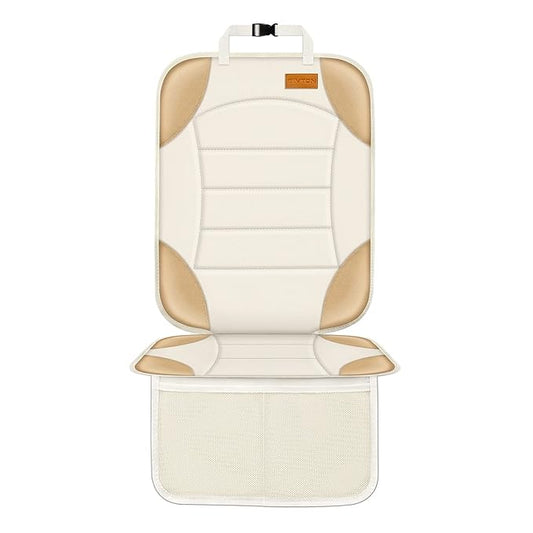 Siivton Car Seat Protector for Child Car Seats, Waterproof 600D Fabric Car Seat Cover, Non-Slip Backing, Thick Padding, Mesh Pockets for Storage, Protects Leather & Fabric Upholstery (Off-White)