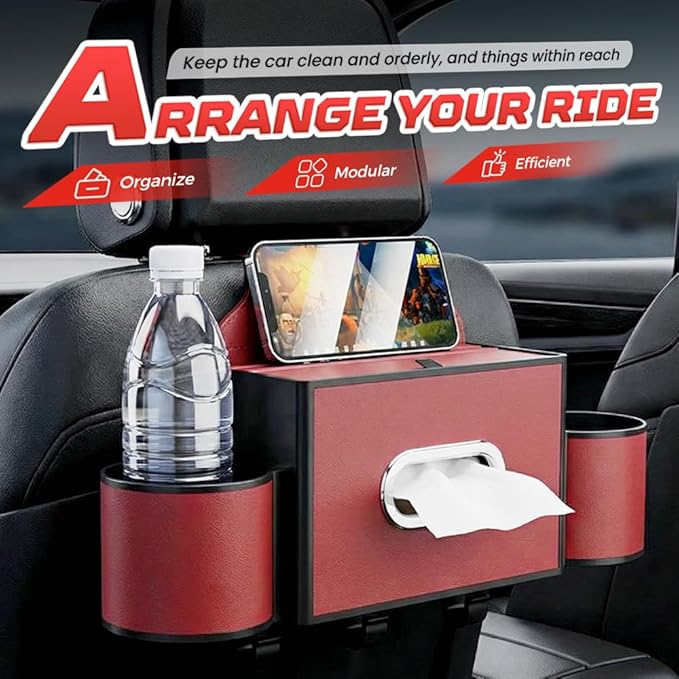 3-in-1 Car Backseat Organizer with Cup Holder, Tissue Box, Trash Bin & Hooks,Multifunctional Back Seat Car Organizer for Hold Phones,Snacks,Drinks,and Handbags (A-Black)