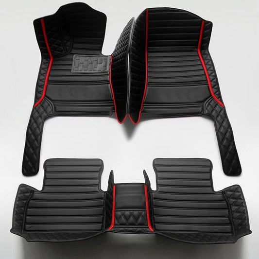 Custom Personalized Floor Mats for Cars - Luxury Full Coverage All Weather Mats, Anti-Slip Leather Mat Set, Fit for 99% of Cars, SUVs & Trucks (Black+Red bar, D-Diamond+Strip)