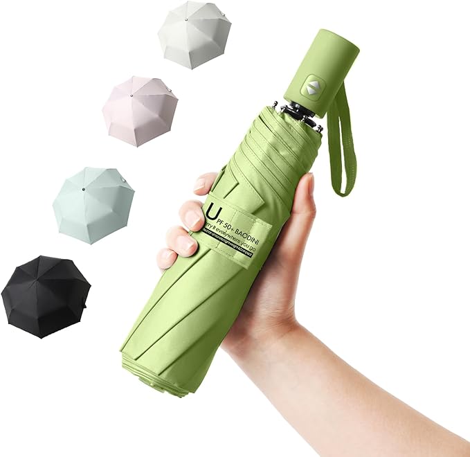 BAODINI Small UV Protection Travel Umbrella Compact for Rain and Sun UPF 50+ Windproof Portable 42 inch Umbrella for Women and Men