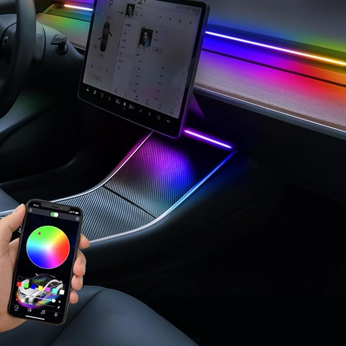 Interior Car LED Strip Lights for Tesla Model 3 Y 2021-2023, Plug-and-Play, Ambient Light with Human Sensor, Center Console Dashboard Inside Car Lighting Decorations