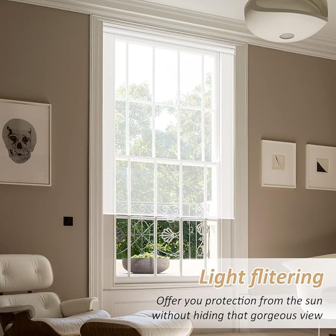 LUCKUP Light Filtering Roller Shades for Windows, Cordless Semi Sheer Solar Blinds with 5% Openness Free-Stop Window Shades for Home & Office, White 36" W x 72" L