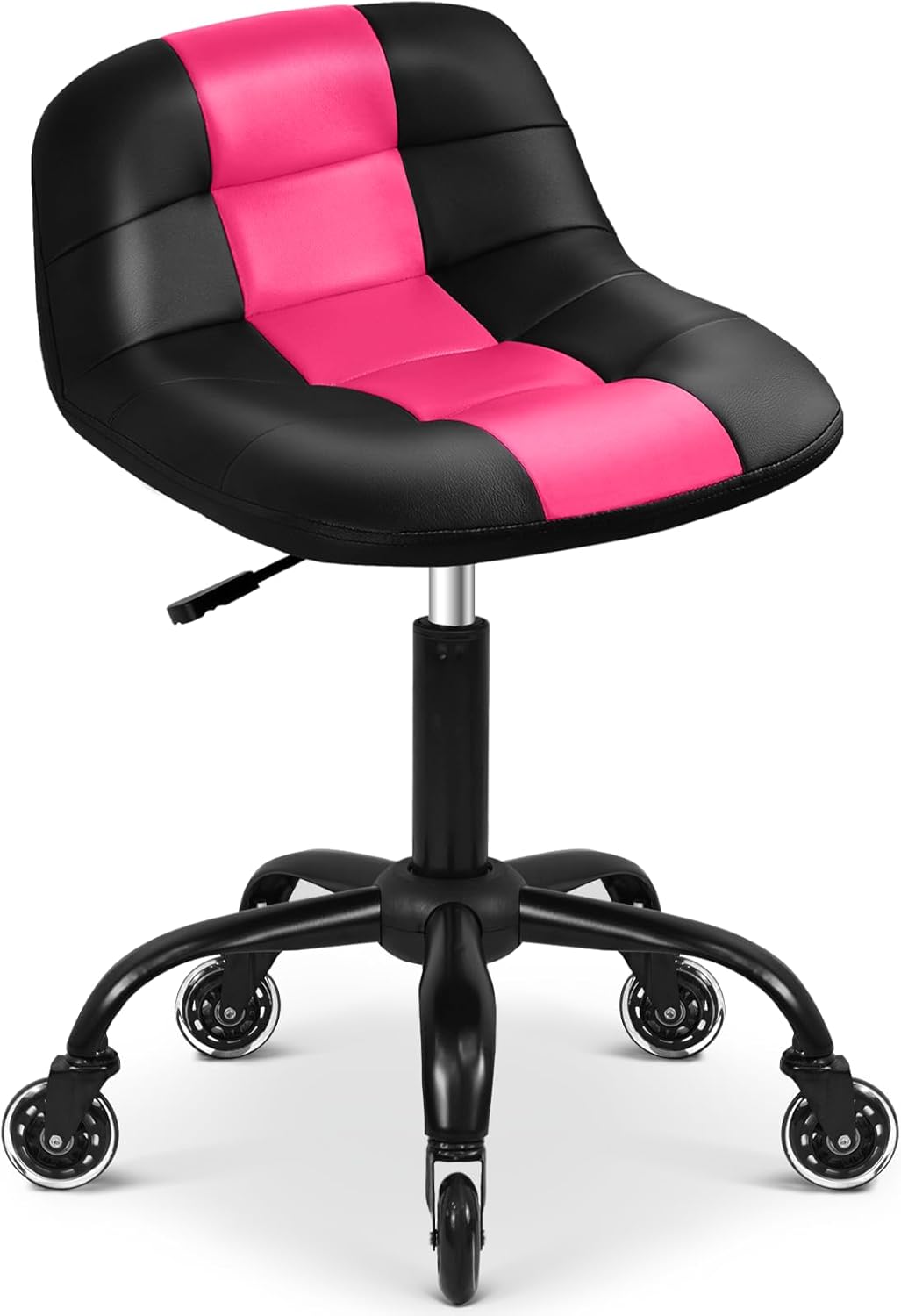 Rolling Stool with Wheels, Garage Shop Stool with Backrest, Roller Seat with Pneumatic Adjustable Height 16.93"-19.69", Heavy Duty Multi-Purpose Chair for Shop Salon Office Home, Pink