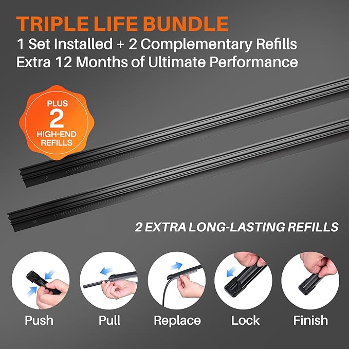 DOG TAIL Water Repellent Silicone Wiper Blades 24" 19" Set with Multiple Adapters and 2 Refills, Automotive Replacement Front Windshield Wiper Blades for My Car with Water Repellency Formula DropClear