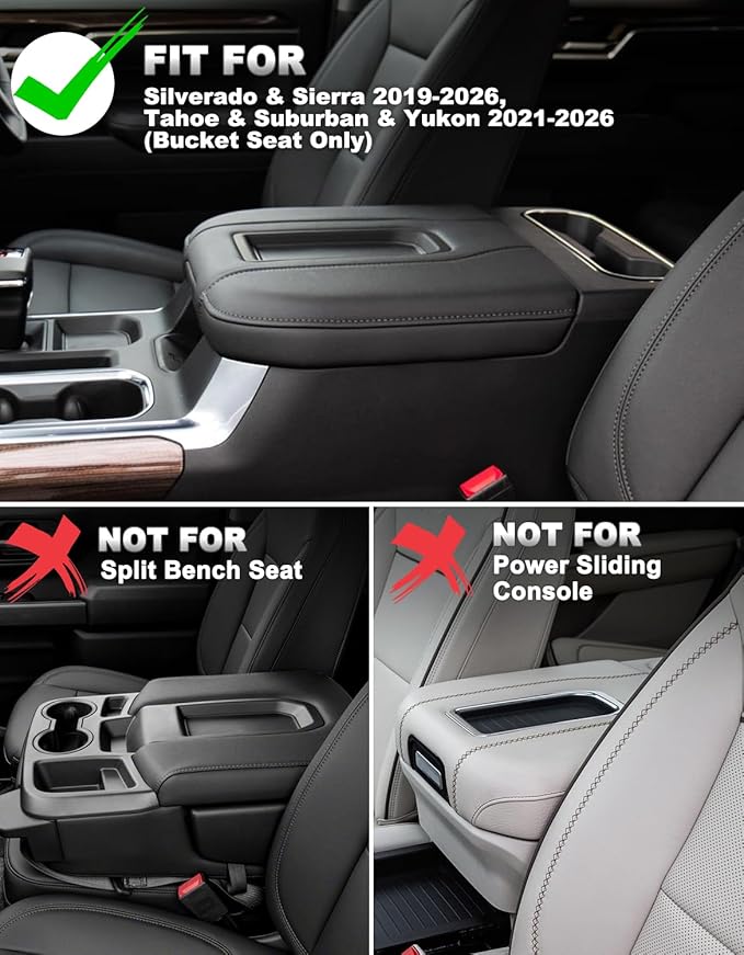 Center Console Armrest Cover for Chevy Silverado & GMC Sierra 2019-2026, Yukon & Tahoe & Suburban 2021-2026, Floor Console Bucket Seat Only, Vinyl Middle Console Cover, Scratchproof, Black