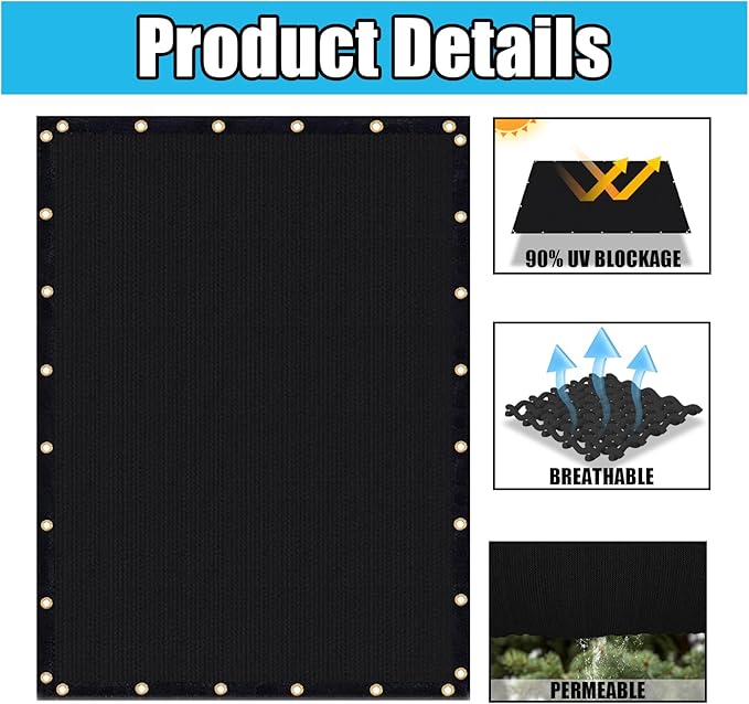 Amagenix 90% Shade Fabric 9'X 17' Black Sun Shade Cloth with Grommets for Pergola Replacement Shade Cover Canopy, Heavy Duty, Cable Zip Ties Included (We Customized)