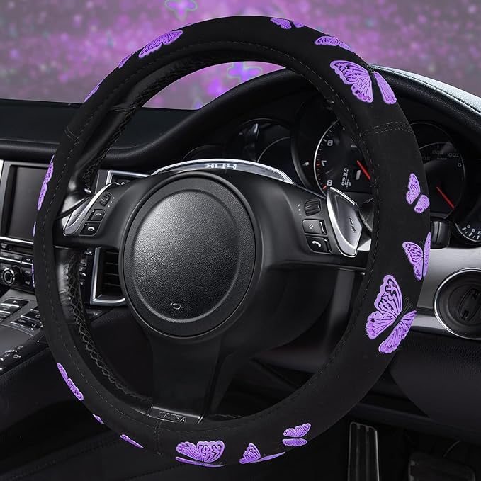 Car Pass Purple Butterfly Steering Wheel Covers, 14.5" to 15.5" Car Wheel Cover Universal Fit for Suvs, Small Trucks, Sedans, Cars for Cute Women Girly (Black and Purple)