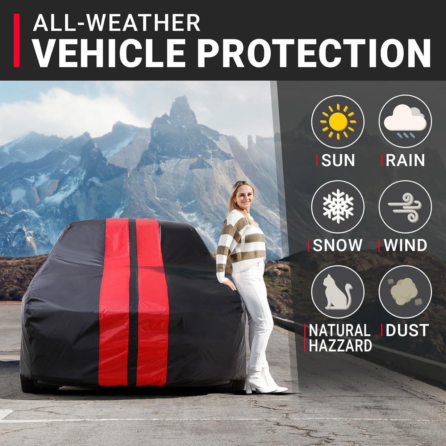 iCarCover Custom Car Cover for Chevy HHR (2006-2011) Waterproof All Weather Rain Snow UV Sun Protector Full Exterior Indoor Outdoor Car Cover (Stripe - Black/Red)