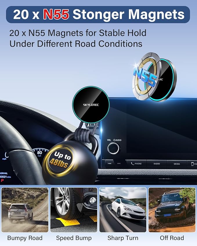 SKYLOTEC Phone Holder for Kia Seltos 2024 2025 2026 Accessories Car Magnetic Phone Mount Compatible with MagSafe, Strong Magnets Fast Wireless Charger Cell Phone Base