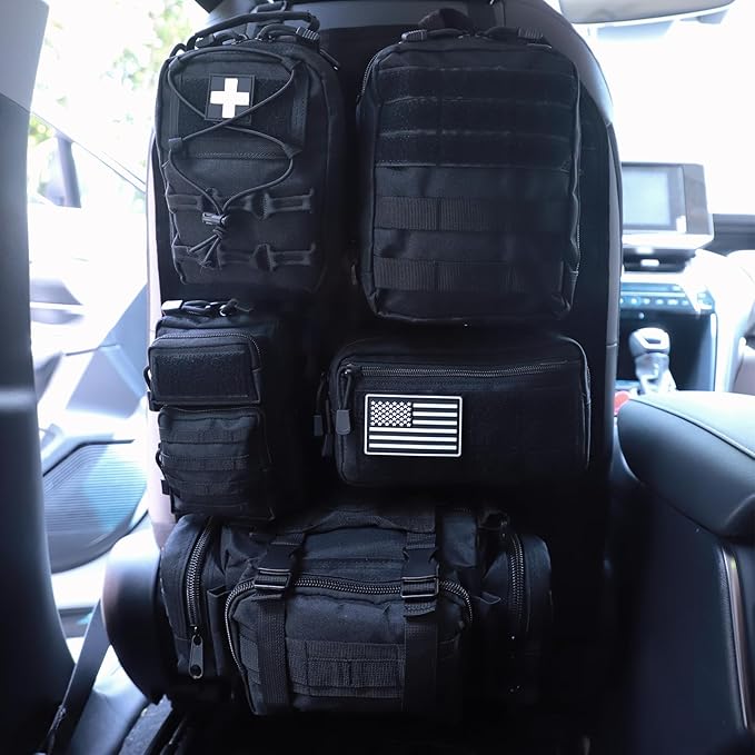 Universal Tactical Seat Back Organizer Vehicle Molle Panel Organizer Storage Bag with 5 Detachable Molle Pouch for All Vehicel Such as Jeep,Truck,SUV, Car, Ford,Chevy etc