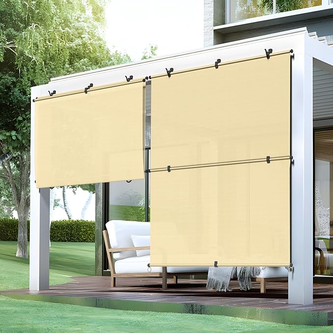 Bynbbur 6'W x 9.5'H Outdoor Patio Shades Foldable Roller Blinds, 220 GSM Sun Shade Roll Up Porch Screens Exterior Shade Cloth for Deck Pergola Backyard, Beige