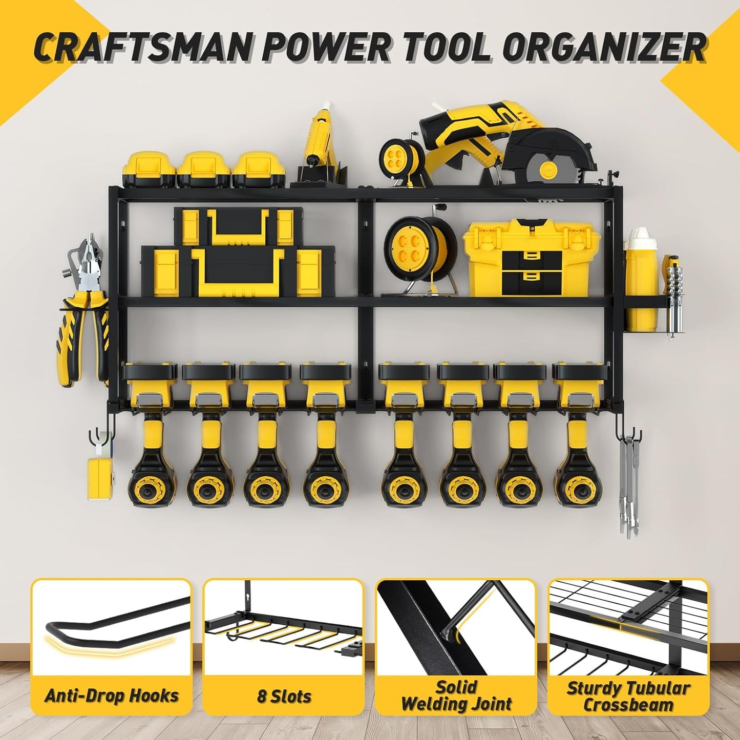 Large Power Tool Organizer Wall Mount for Fathers Dad, 3 Extra Large Layers Heavy Duty Metal Garage Organization Loads 300lbs with 8 Cordless Drill Holder, Power Tool Shelf for Workshop, Utility Racks