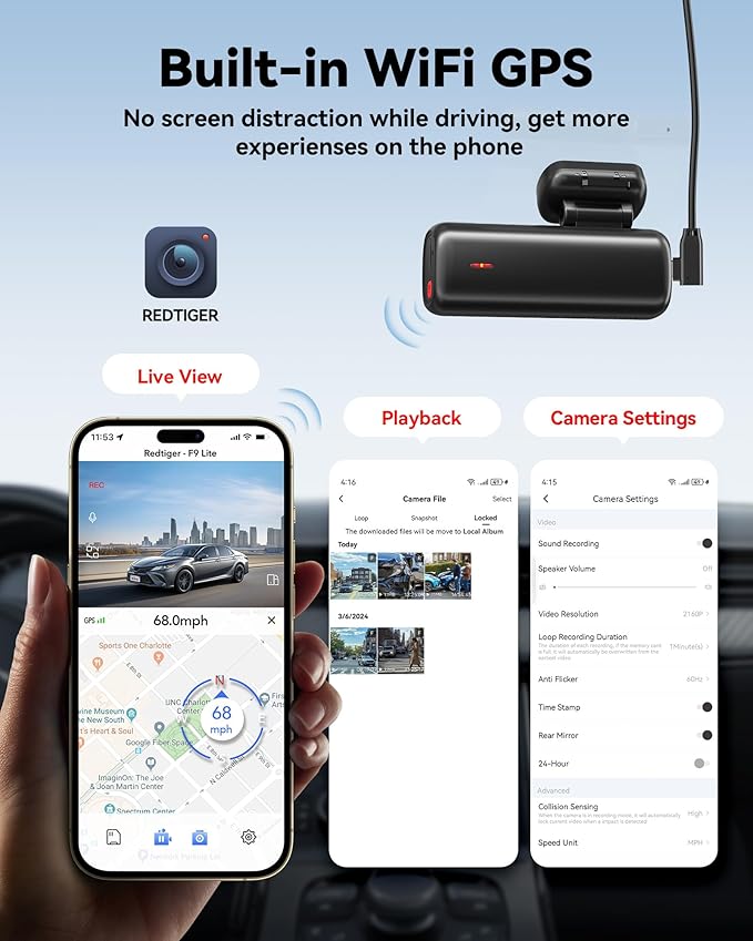 REDTIGER 4K Dash Cam Front, ADAS, Built-in WiFi GPS, Mini Hidden Dash Camera for Cars with G Sensor, 24H Parking Monitor, Free 32GB Memory Card, APP Control, Loop Recording, Night Vision (F9 Lite)