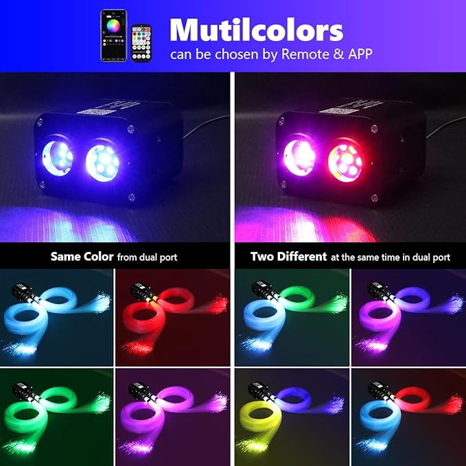 AMKI Dual Color 20W Twinkle Starlight Headliner Kit Mixed 860pcs*9.8ft Cables Fiber Optic Light Cable Sound Activated Music Mode APP/Remote Control Dual Port Light Box for Car Home Roof Decor