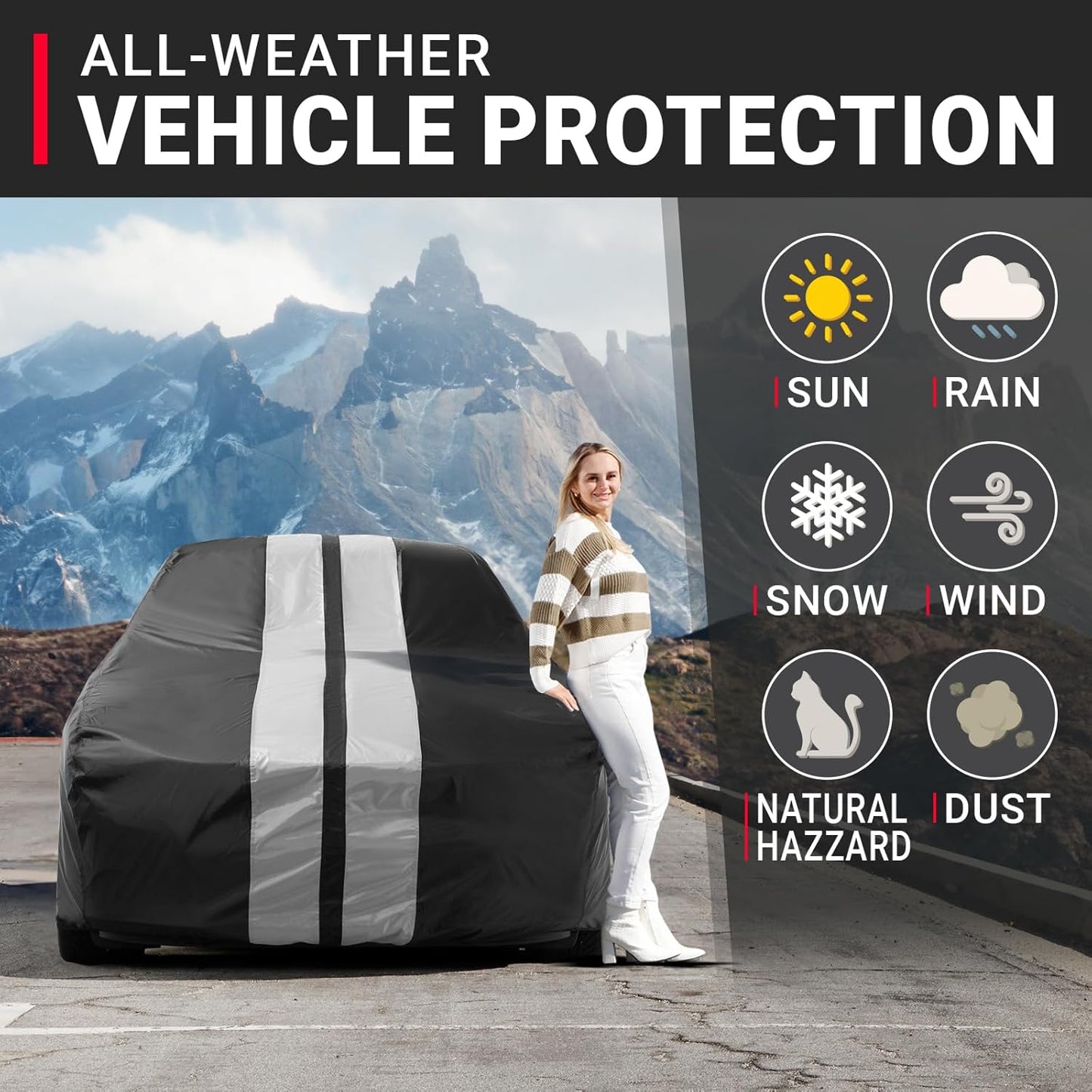 iCarCover Custom Car Cover for Chevy Malibu 2-Door (1973-1977) Waterproof All Weather Rain Snow UV Sun Protector Full Exterior Indoor Outdoor Car Cover (Stripe - Black/Gray)