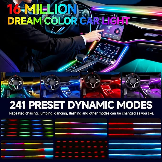 Dreamcolor Acrylic Interior Car LED Strip Light with APP Remote Control,RGB 10 in 1 with 175 inches 593 LEDs Fiber Optic Strip Lights for Car, Dynamic Chasing Music Sync Neon Car Ambient Lighting Kits