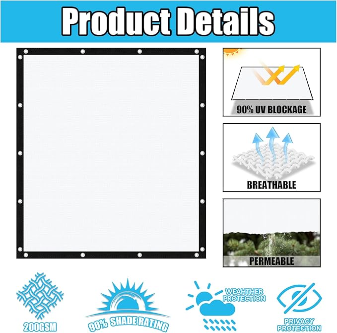 Amagenix 90% Pergola Shade Cover 10' X 24' Sun Shade Cloth with Grommets for Outdoor Garden Patio Porch, Commercial Grade 200 GSM - Cable Zip Ties Included (We Customized) GN108, White