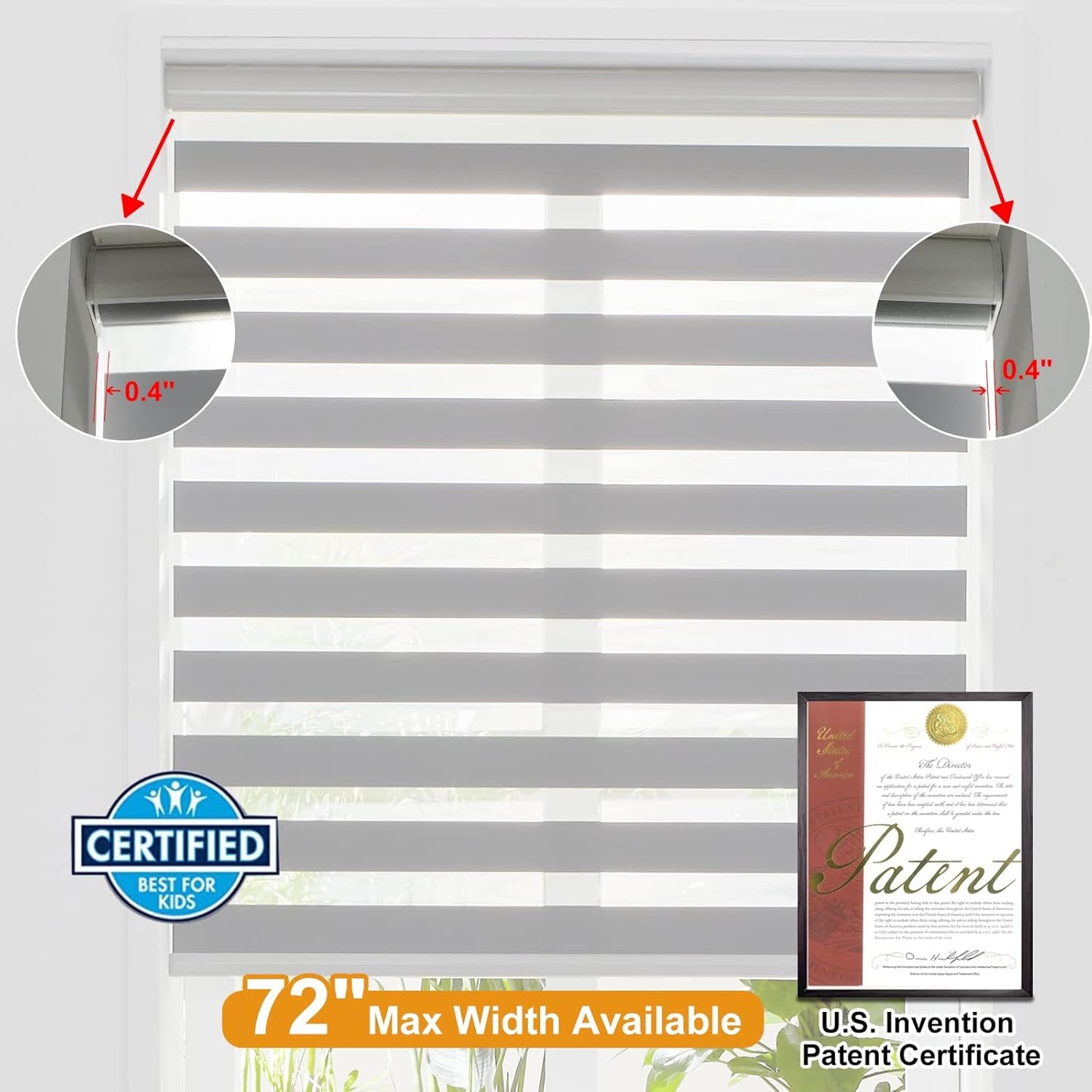 Persilux Cordless Zebra Blinds for Windows Free-Stop Roller Window Shades (47" W X 64" H, Grey) Dual Layer Light Control for Day and Night, Light Filtering Sheer Shades for Home, Easy to Install