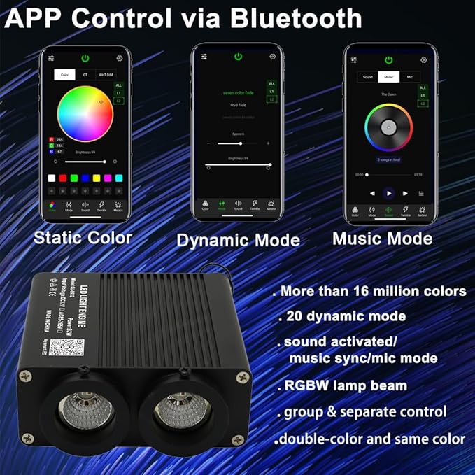 AZIMOM Dual Color 32W Fiber Optic Starlight Kits 600pcs*0.03in*9.8ft Fiber Strands Sound-Activated APP/Bluetooth Remote Control Home Car Star Ceiling Roof Headliner Decor