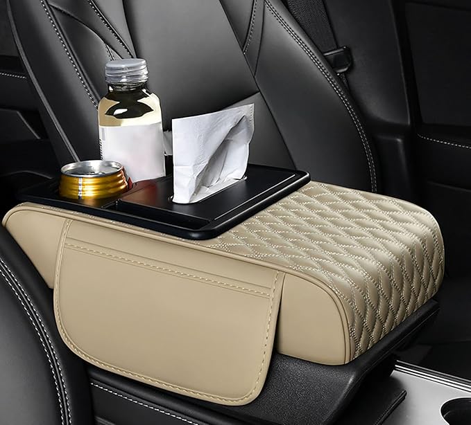 Car Armrest Center Console Cover for BMW X3 F25 2011 2012 2013 2014 2015 2016 2017, Center Console Pad with Cup Holder, Multifunctional Armrest Cushion,E Beige