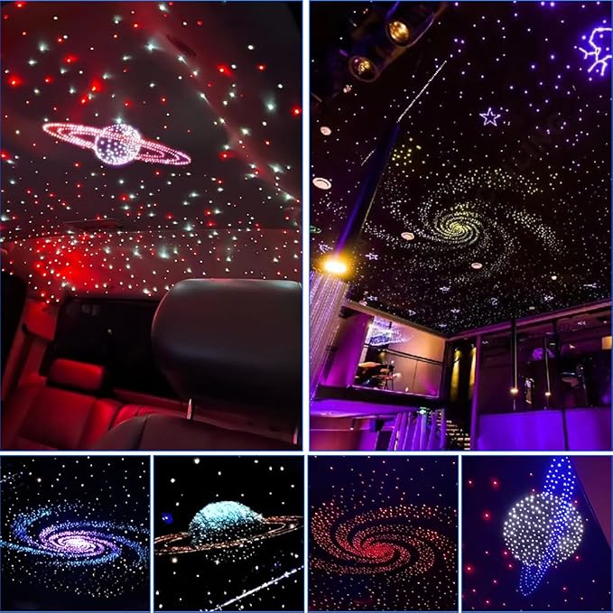 AKEPO 3.2W 6-Hole RGB Colorful Starlight Headliner Kit, APP Control 9.8ft 240pcs*0.75mm/0.03in Optical Fiber Mixed Color Chasing Sound Activated Fiber Optic Lights