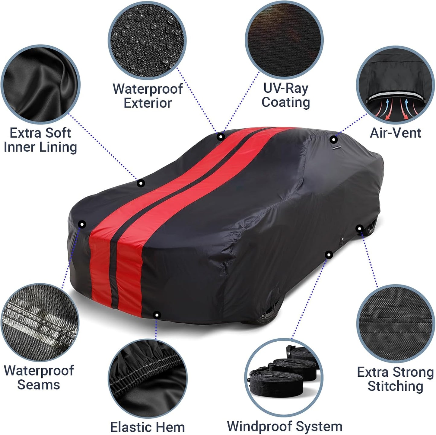 iCarCover Custom Car Cover for Chevy Fleetline (1941-1952) Waterproof All Weather Rain Snow UV Sun Protector Full Exterior Indoor Outdoor Car Cover (Stripe - Black/Red)