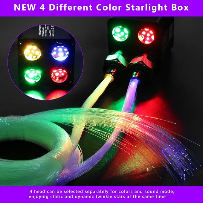 AZIMOM 4Colors 2 in 1 Meteor Twinkle Fiber Optic Starlight Headliner Kits 800pcs 0.03in 9.8ft Fiber Strands,RGB Meteor Shooting Star 240pcs, Sound Remote APP Control Home Ceiling Car Headliner Decor