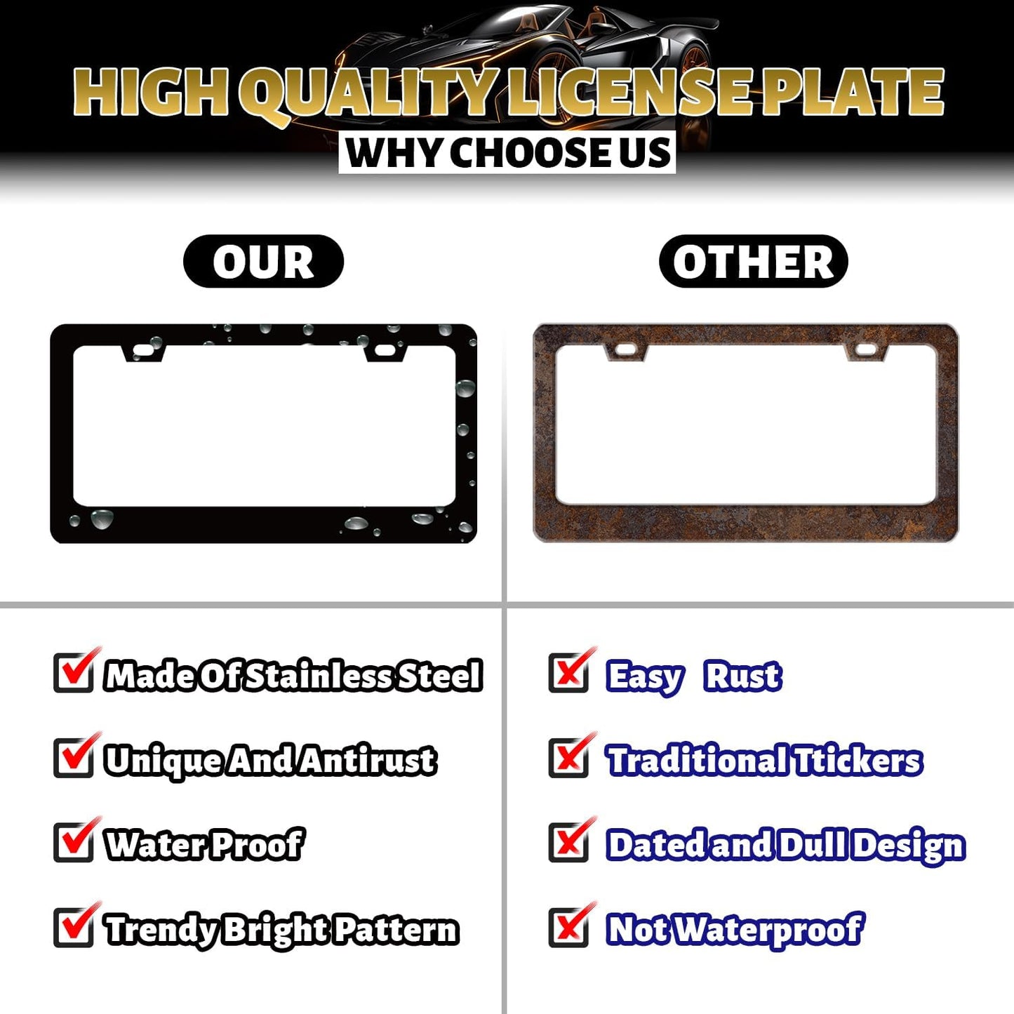 Eagle American Flag License Plate Frame Patriotic Eagle License Plate Holder Stainless Steel Funny Design with 2 Holes and Screws 12.3" x 6.3"