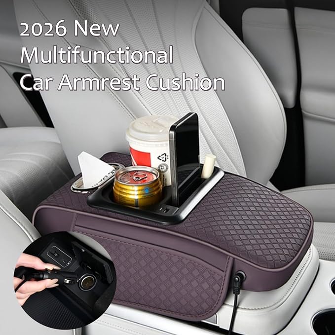 2026 Upgraded Car Center Console Cushion with 30w USB& Type-C Charging Ports, Leather Car Armrest Pad Cover, Interior Accessories for Most Vehicles (Ergonomic Sloped Version, Black-Red line)