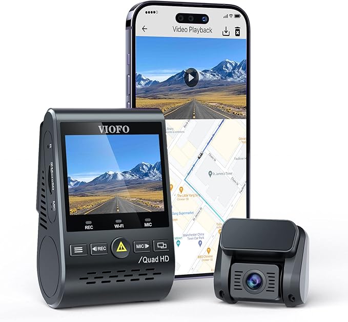 VIOFO Dual Dash Cam, 2K 1440P 60fps+1080P 30fps Front and Rear Dash Camera with Wi-Fi GPS, Parking Mode, Emergency Recording, Super Capacitor, Motion Detection (A129 Plus Duo) (Renewed)
