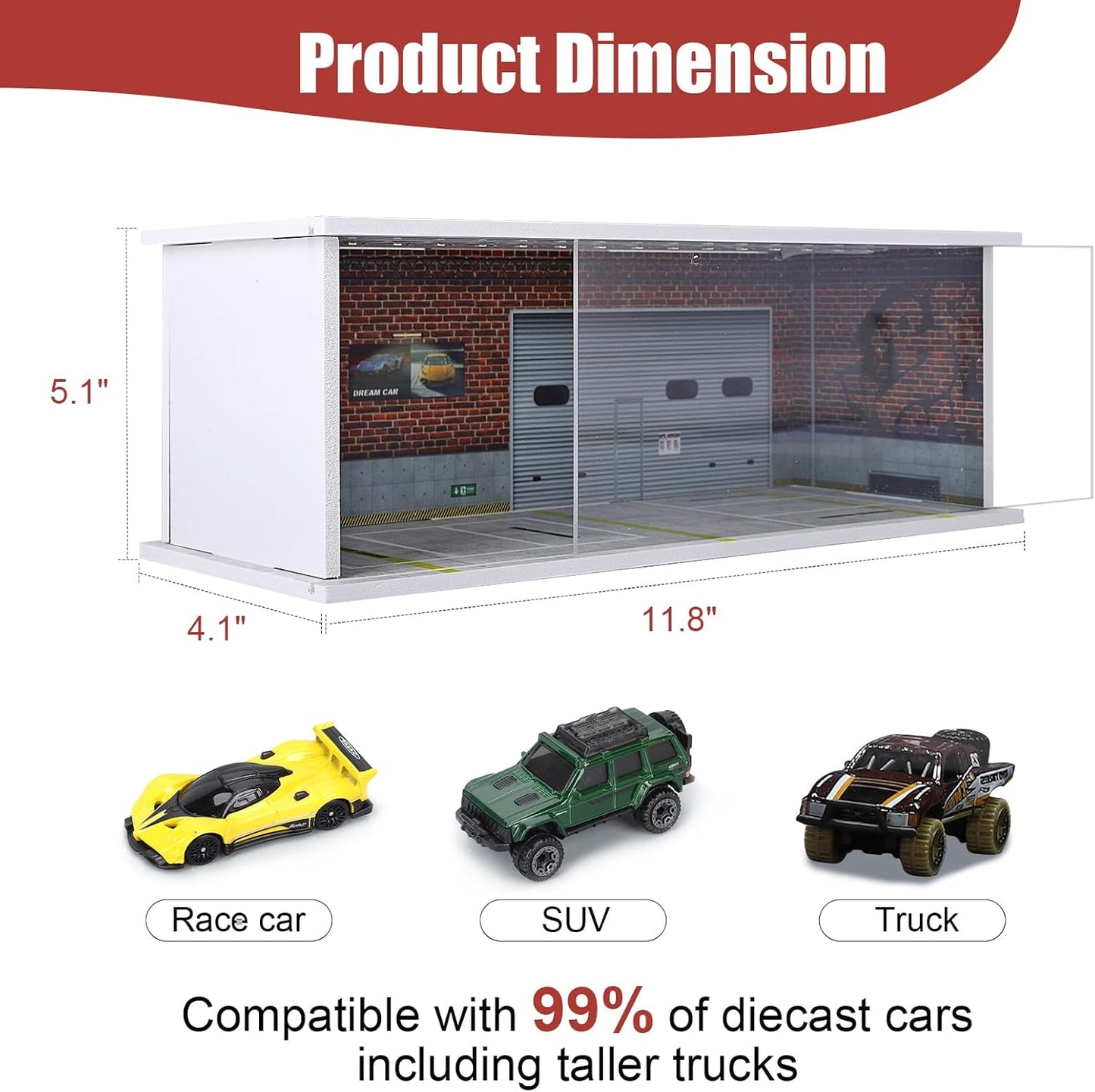 Display Case for Hot Wheels: Stackable Parking Garage for 1/64 Scale Matchbox Toy Car, FoamBoard Storage for Monster Trucks with LED Light and Acrylic Cover, Red Factory
