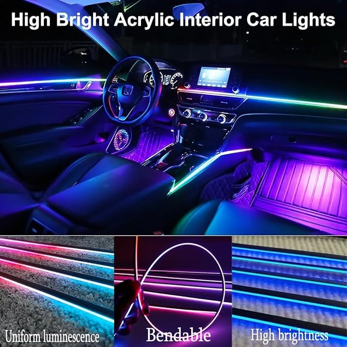 Acrylic Interior Car LED Strip Light with APP Remote Control, 116in 4 in 1 USB RGB Dreamcolor Neon Flexible Strip Fiber Optic LED Ambient Lighting Kits,RGB Music Lights Sync for Inside car Decorations