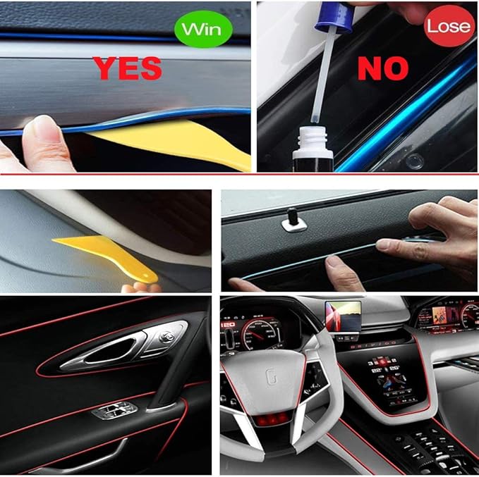 MaxLax Red LED Neon Car Interior Lighting Strip - 3 Meter Flexible 12V EL Wire with Built-in Fuse Protection for Automotive Interior Customization, Featuring 6mm Sewing Trim for Easy Installation.