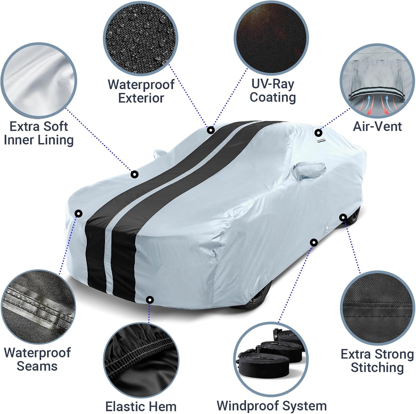 iCarCover Custom Car Cover for Buick Lesabre (1986-1991) Waterproof All-Weather Rain Snow UV Sun Protector Full Exterior Indoor Outdoor Car Cover (Stripe - Gray/Black)