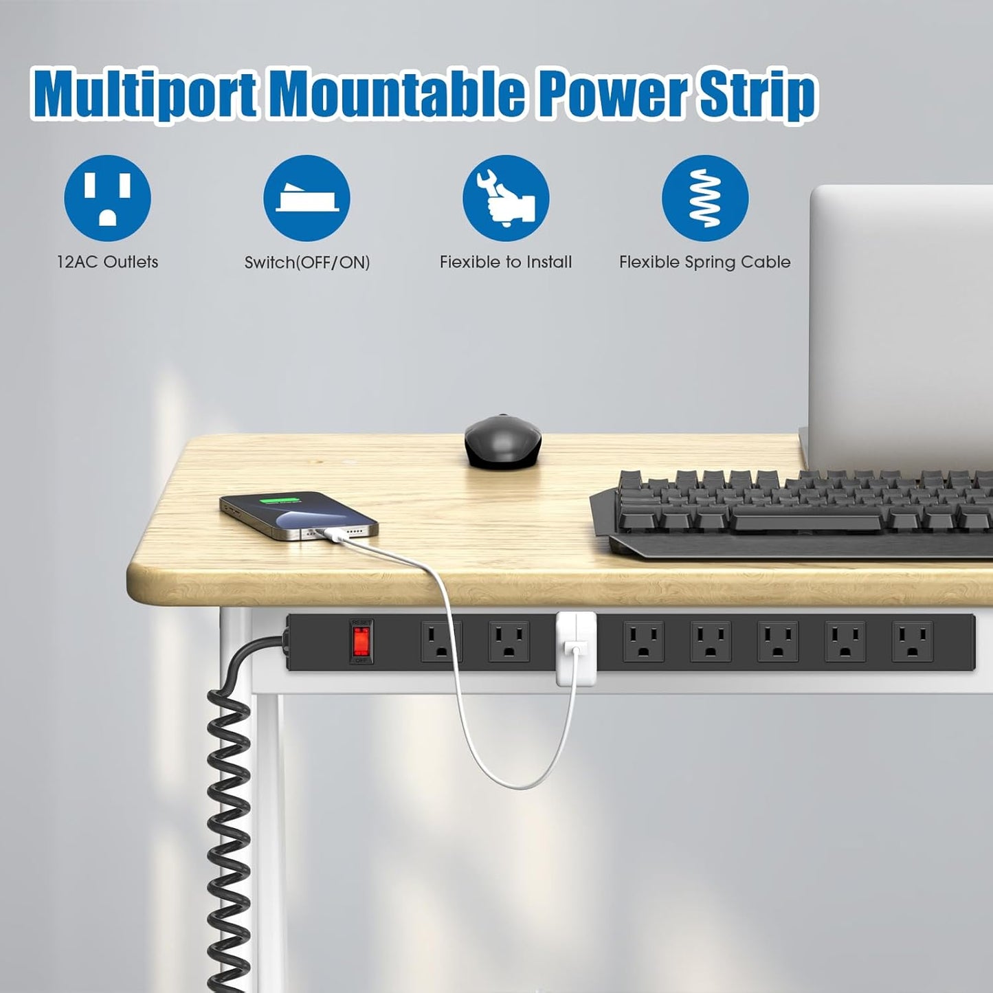 2Pack 8 Outlet Metal Wall Mount Power Strip, Mountable Outlet with Switch, Heavy Duty Wide Spaced Surge Protector, 4 FT SJT 14AWG Black Spring Cord.