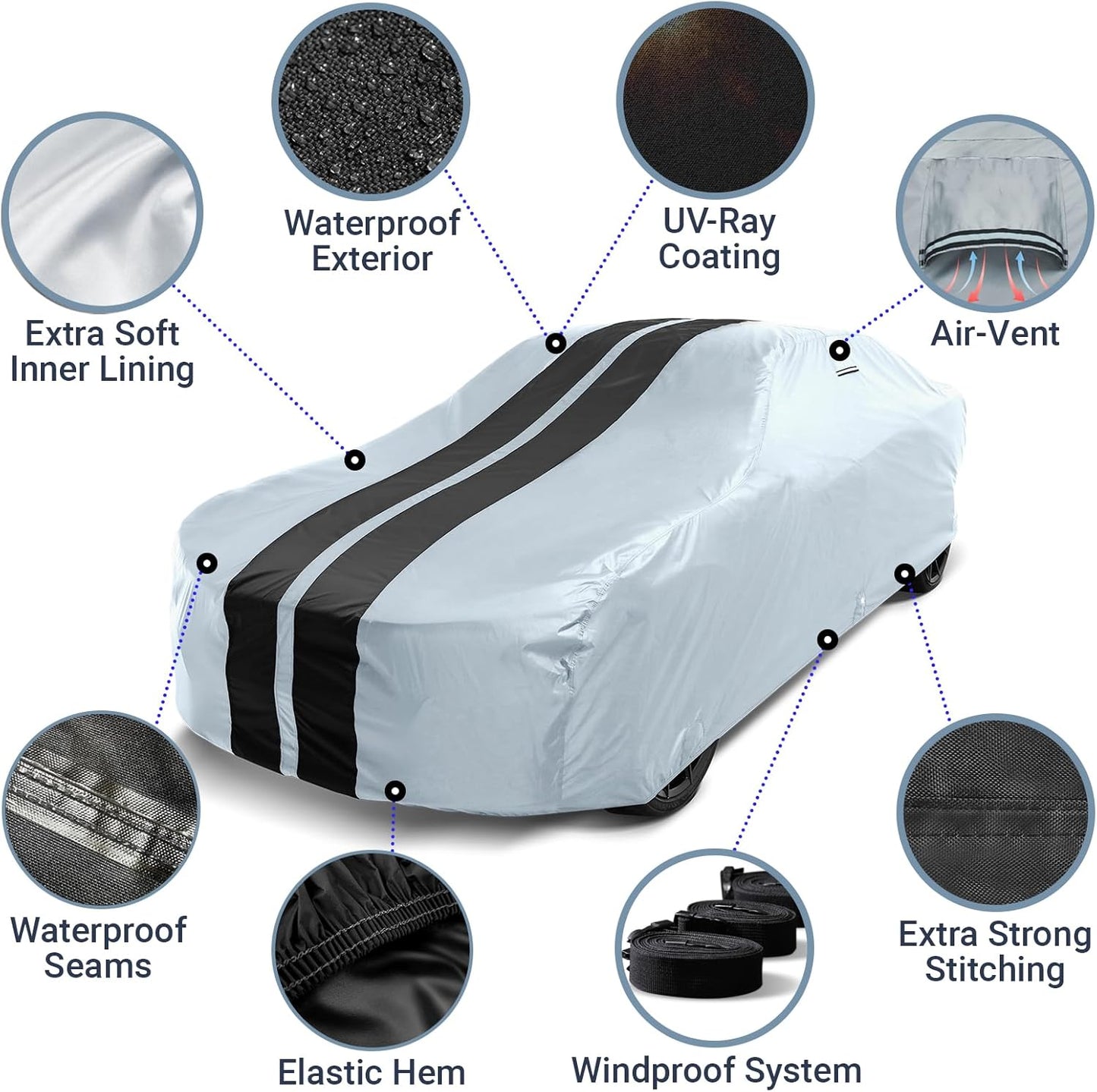 iCarCover Custom Car Cover for Pontiac Firebird (1967-1981) Waterproof All-Weather Rain Snow UV Sun Protector Full Exterior Indoor Outdoor Car Cover (Stripe - Gray/Black)