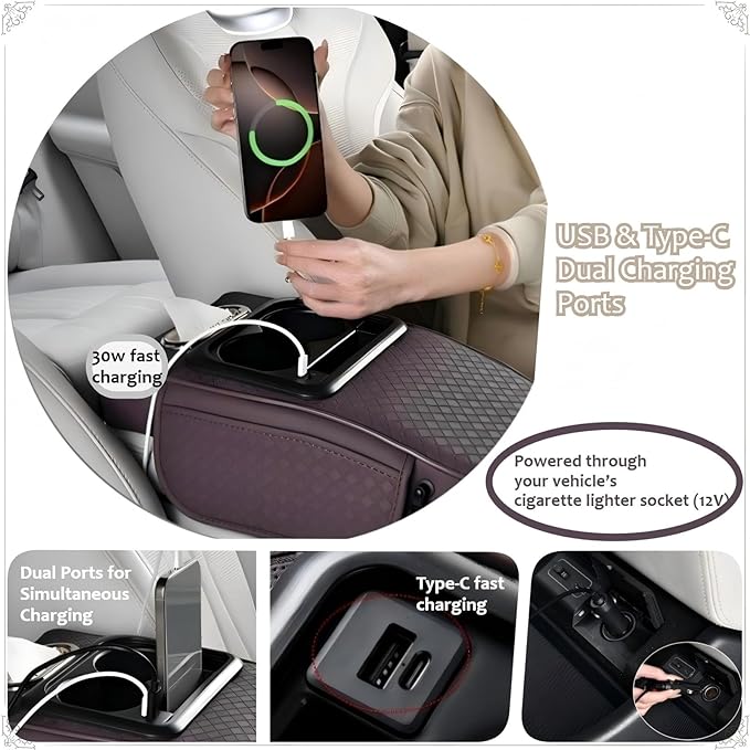 2026 Upgraded Car Center Console Cushion with 30w USB& Type-C Charging Ports, Leather Car Armrest Pad Cover, Interior Accessories for Most Vehicles (Ergonomic Sloped Version, Red)