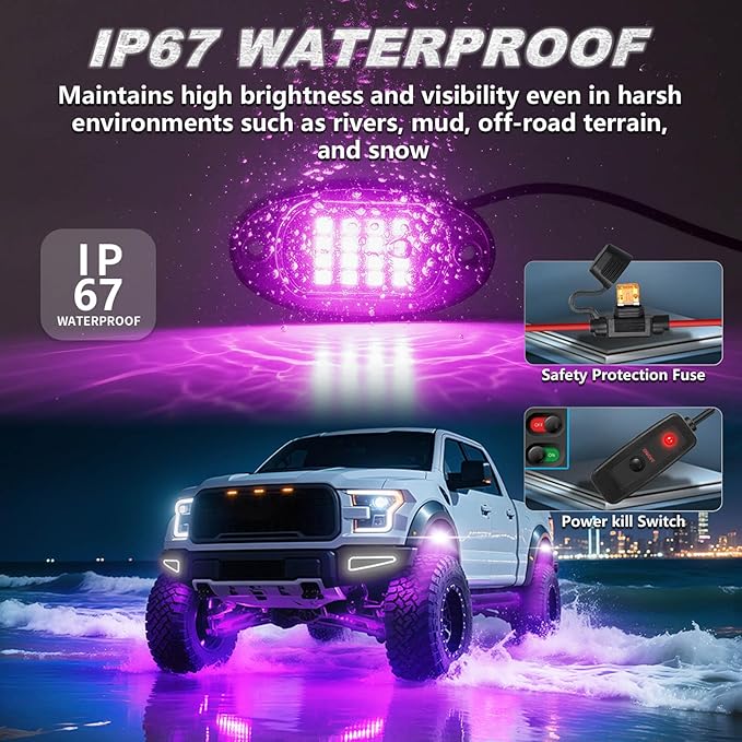 6Pods RGB LED Rock Lights for UTV SXS RZR Can-Am Four Wheeler Side by Side ATV Offroad Golf Cart, Multicolor Underglow Light Kit with APP/RF Remote Dual Zone Neon Vehicle Accent Light 12V Waterproof