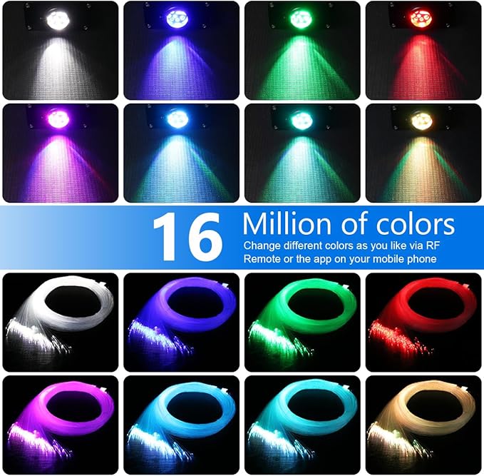AZIMOM 16W Twinkle & Sound Activate 300pcs*0.03in*9.8ft Fiber Optic Starlight Headliner Kits for Car Home Star Ceiling Sky Decoration, APP& Remote Control Light Engine End Glow Fiber Strands