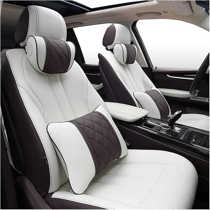 Car seat headrest Leather Car Fit for Seat Rest Cushion Headrest Car Neck Pillow Fit for BMW (Color : Beige Coffee-01)