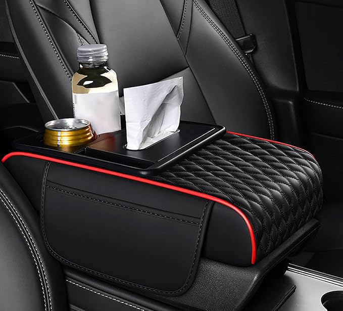 Car Armrest Center Console Cover for BMW X3 F25 2011 2012 2013 2014 2015 2016 2017, Center Console Pad with Cup Holder, Multifunctional Armrest Cushion,A Black+Red