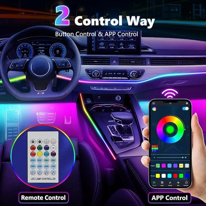 Interior Car LED Strip Lights,Acrylic LED Lights for Car with Dynamic Dreamcolor Chasing,235 inches 8 in 1 RGB Neon Strip Fiber Optic Ambient Lighting Kits with Remote APP, for Inside car Decorations